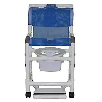 MJM International Shower chair 18" internal width, 3" twin casters, with sliding footrest, 10 qt commode pail, deluxe elongated open front soft seat, and double drop arms 300 lbs wt cap 