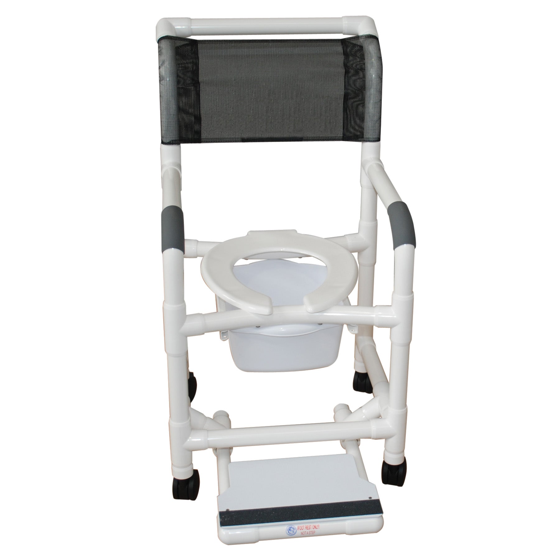MJM International Shower chair 18" internal width, open front seat, 3" twin casters, sliding  footrest and 10 qt slide out commode pail 300LBS
