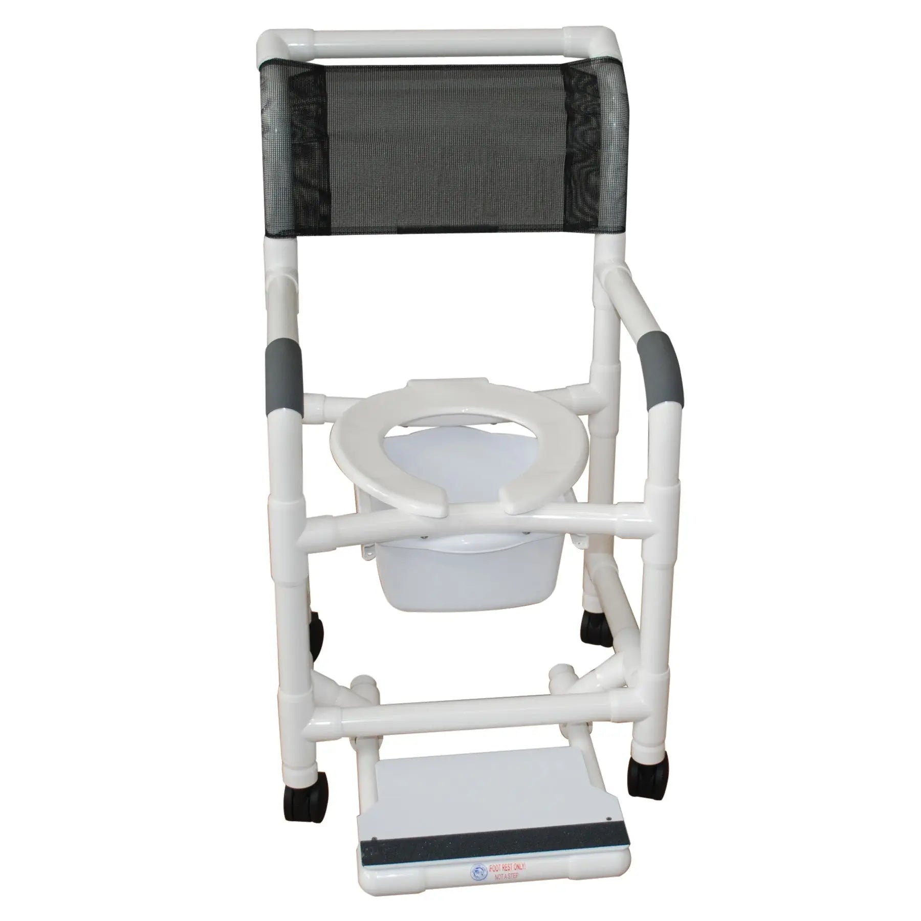 MJM International Shower chair 18" internal width, open front seat, 3" twin casters, sliding  footrest and 10 qt slide out commode pail 300LBS 