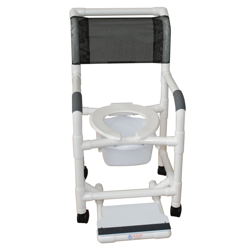 MJM International Shower chair 18" internal width, open front seat, 3" twin casters, sliding  footrest and 10 qt slide out commode pail 300LBS
