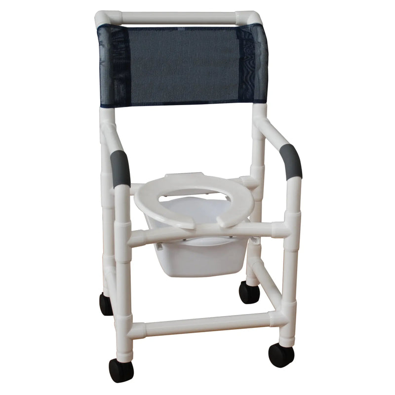 MJM International Shower chair 18" internal width, open front seat, 3" twin casters, 10 quart commode pail, 300 LBS 