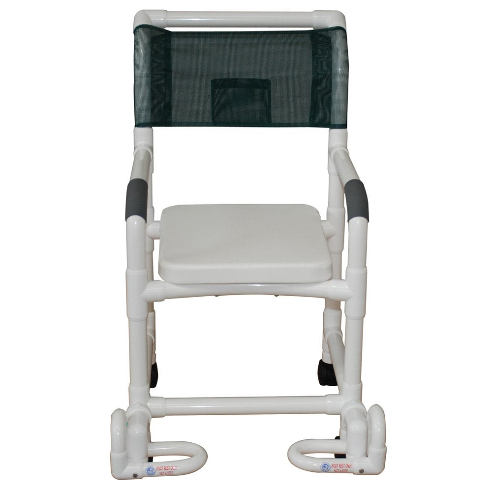 MJM International Shower chair 18" internal width, 3"twin casters, with soft seat complete and individual footrest 300LBS