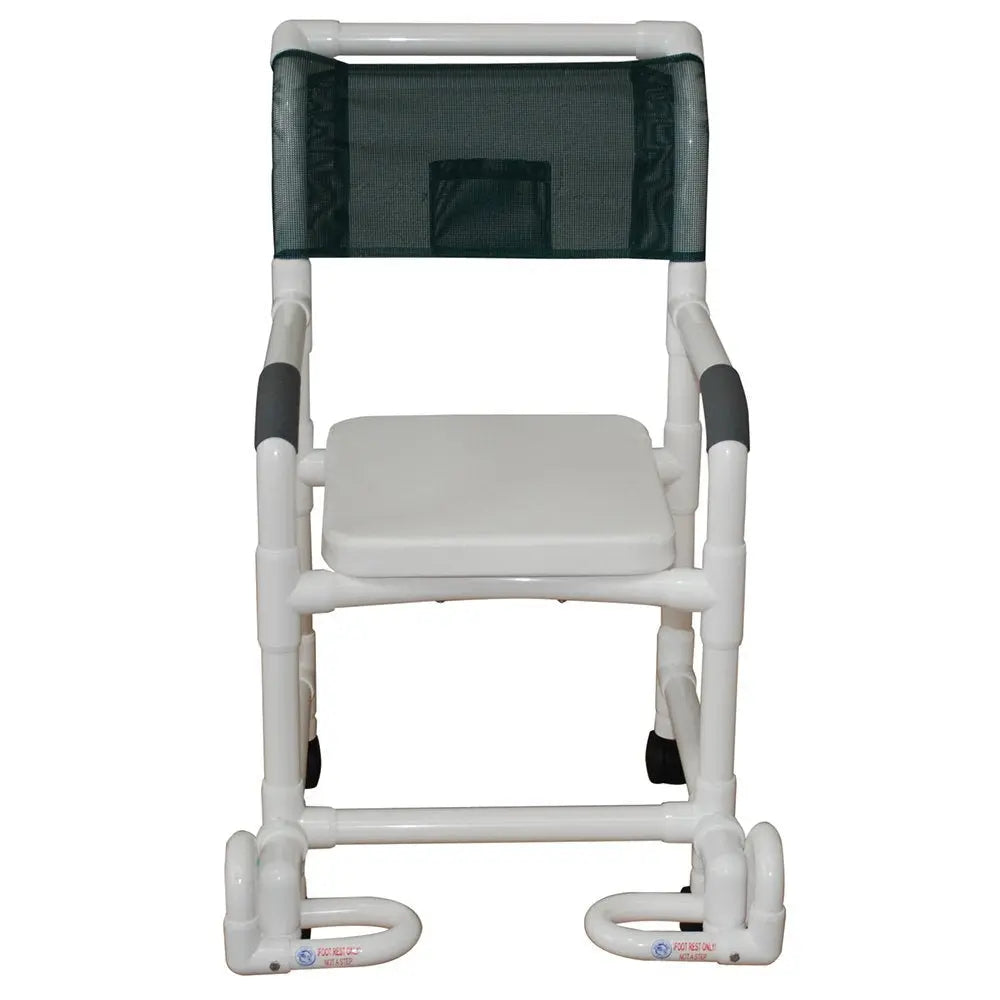 MJM International Shower chair 18" internal width, 3"twin casters, with soft seat complete and individual footrest 300LBS 