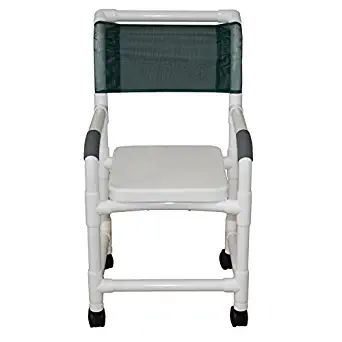 MJM International Shower chair 18" internal width, 3" twin casters, with soft seat complete, no commode opening 300 lbs wt cap