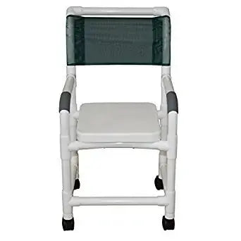 MJM International Shower chair 18" internal width, 3" twin casters, with soft seat complete, no commode opening 300 lbs wt cap 