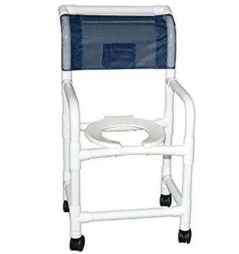 MJM International Shower chair 18" internal width, 3" twin casters, with soft seat deluxe dual usuage w/removable center section, slide out footrest, 300 lbs wt cap