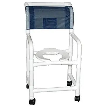 MJM International Shower chair 18" internal width, 3" twin casters, with soft seat deluxe dual usuage w/removable center section, slide out footrest, 300 lbs wt cap 