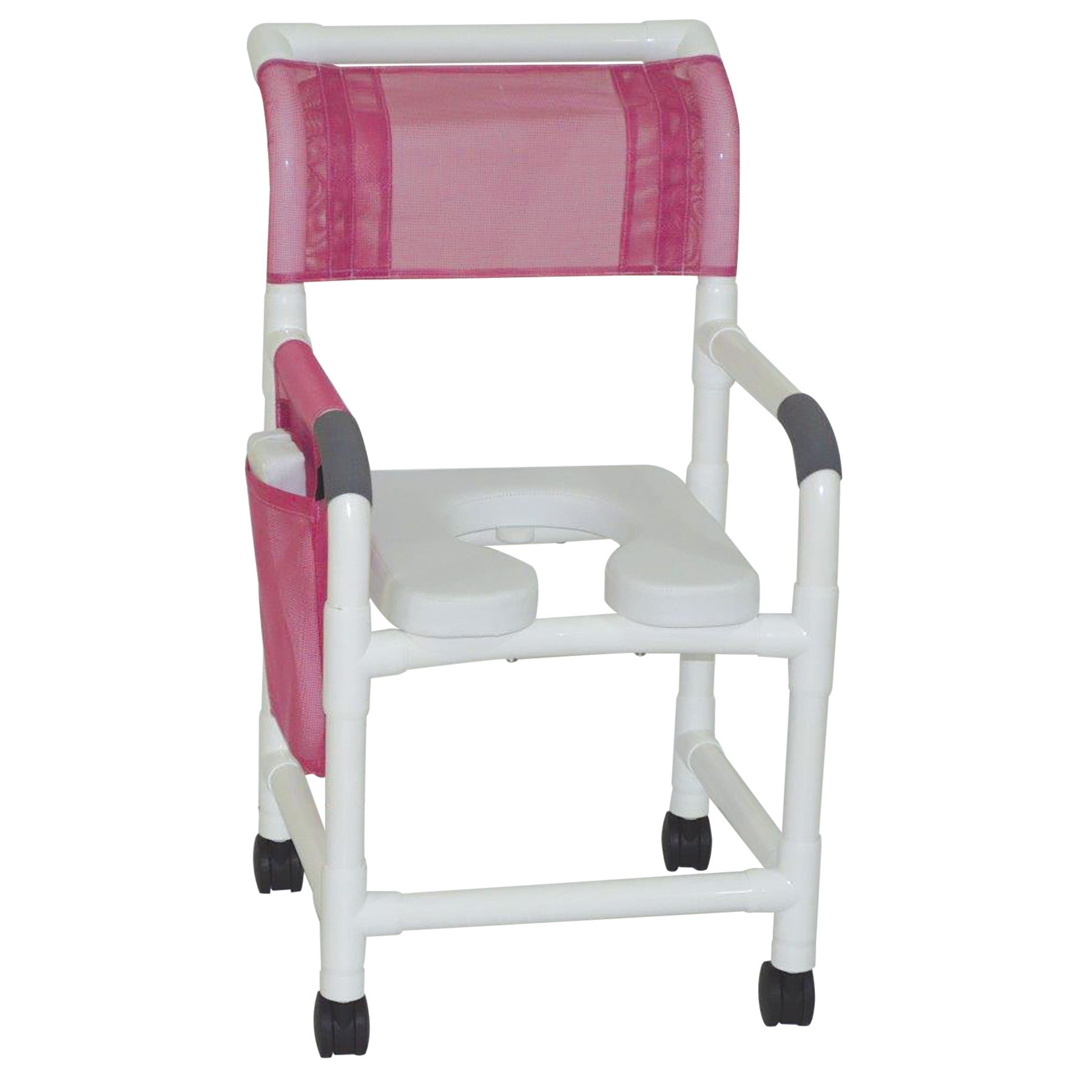 MJM International Shower chair 18" internal width, 3" twin casters, with soft seat deluxe dual usuage w/removable center section 300 lbs wt cap