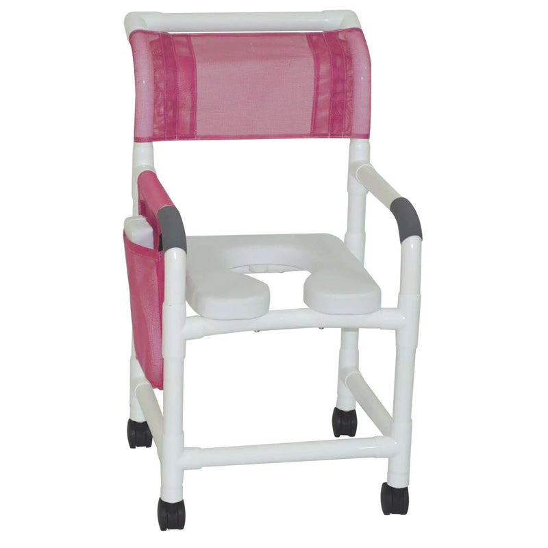 MJM International Shower chair 18" internal width, 3" twin casters, with soft seat deluxe dual usuage w/removable center section 300 lbs wt cap 