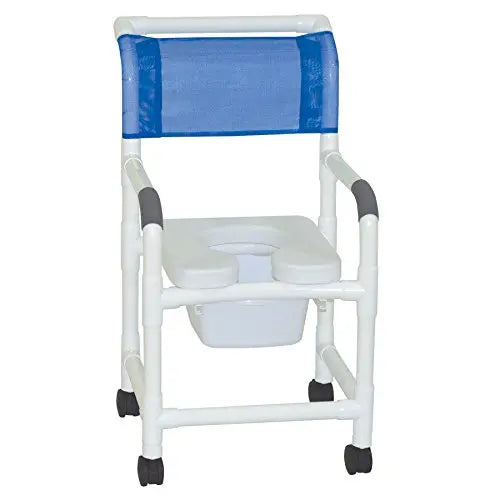 MJM International Shower Chair 18" Internal Width, 3" Twin Casters, With Deluxe Elongated Open Front Soft Seat, 10 Qt Slide Out Commode Pail 300 Lbs Weight Capacity 