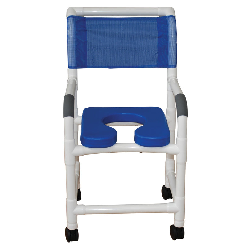 MJM International Shower Chair 18" Internal Width, 3" Twin Casters, with Blue Open Front Soft Seat, 300 Lbs Weight Capacity