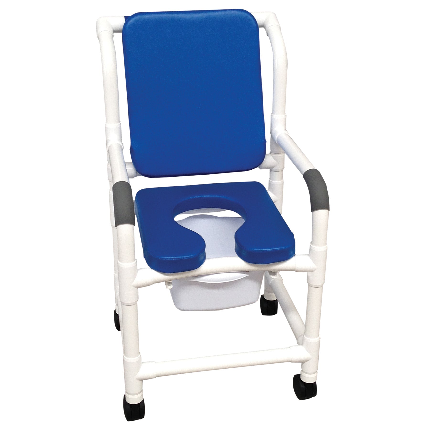 MJM International Shower chair 18" internal width, 3" twin casters, with deluxe elongated open front soft seat blue, cushioned padded back blue, 10 qt slide out commode pail 300 lbs wt cap