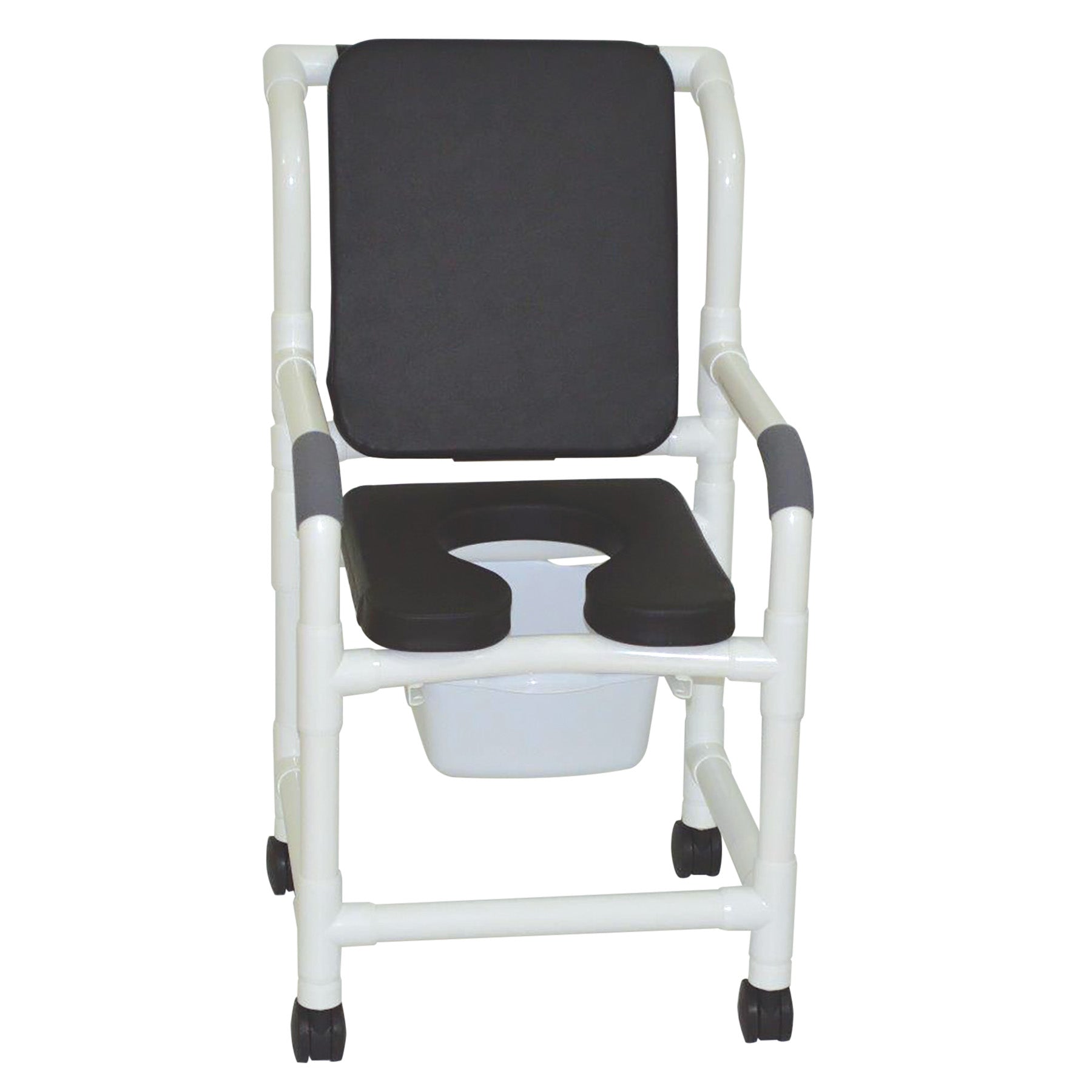 MJM International Shower chair 18" internal width, 3" twin casters, with deluxe elongated open front soft seat black, cushioned padded back black, 10 qt slide out commode pail 300 lbs wt cap