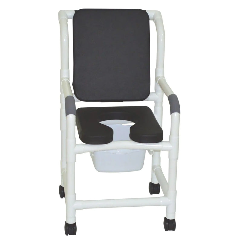 MJM International Shower chair 18" internal width, 3" twin casters, with deluxe elongated open front soft seat black, cushioned padded back black, 10 qt slide out commode pail 300 lbs wt cap 