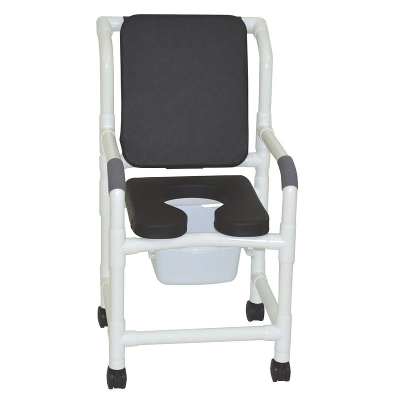 MJM International Shower chair 18" internal width, 3" twin casters, with deluxe elongated open front soft seat black, cushioned padded back black, 10 qt slide out commode pail 300 lbs wt cap