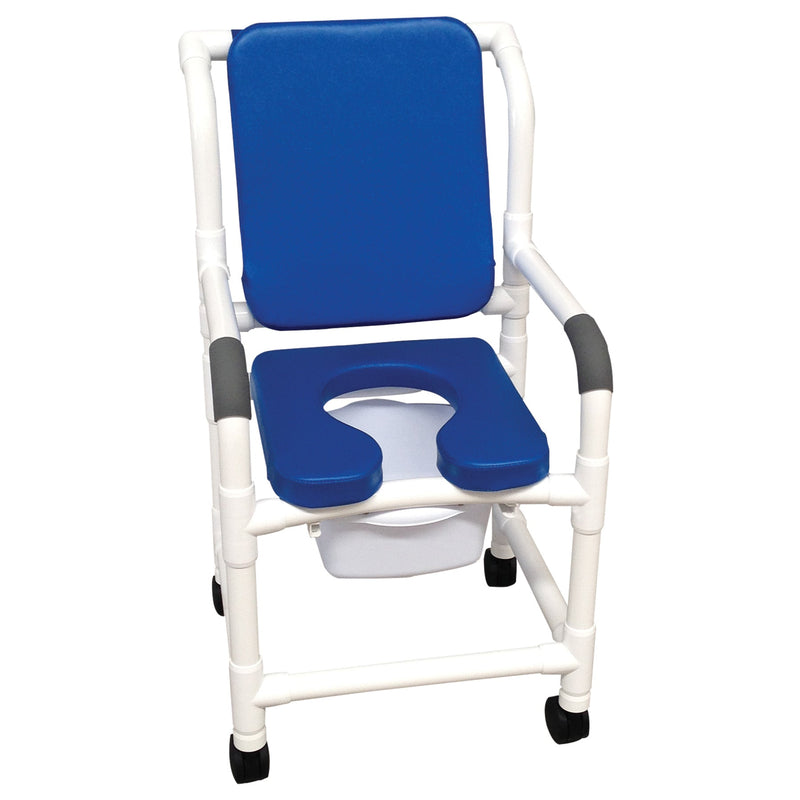 MJM International Shower chair 18" internal width, 3" twin casters, with deluxe elongated open front soft seat blue, cushioned padded back blue, 10 qt slide out commode pail 300 lbs wt cap