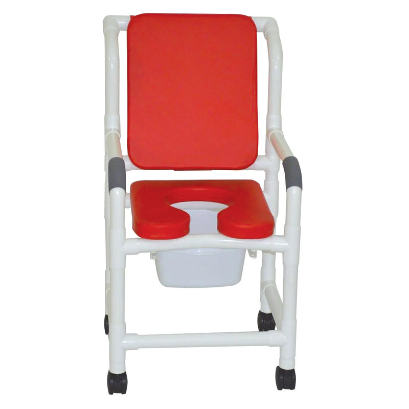 MJM International Shower chair 18" internal width, 3" twin casters, with deluxe elongated open front soft seat red, cushioned padded back red, 10 qt slide out commode pail 300 lbs wt cap 