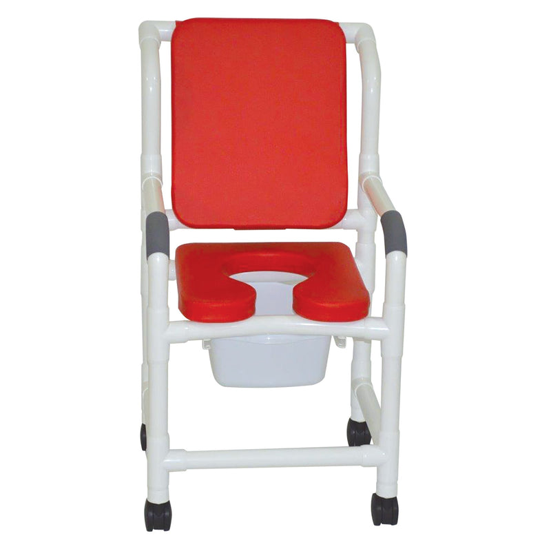 MJM International Shower chair 18" internal width, 3" twin casters, with deluxe elongated open front soft seat red, cushioned padded back red, 10 qt slide out commode pail 300 lbs wt cap