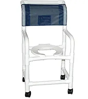 MJM International Shower chair 18" internal width, 3" twin casters, with deluxe elongated open front soft seat gray, cushioned padded back gray, 10 qt slide out commode pail 300 lbs wt cap 