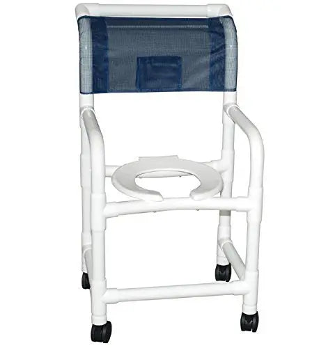 MJM International Shower chair 18" internal width, open front seat, 3" twin casters, tilted 2" lower in back, with deluxe elongated open frotn soft seat and slide out footrest, 300 lbs wt cap 