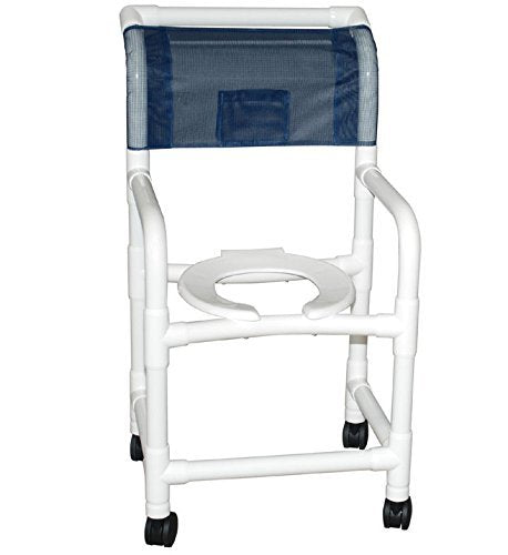 MJM International Shower chair 18" internal width, open front seat, 3" twin casters, tilted 2" lower in back, with deluxe elongated open frotn soft seat and slide out footrest, 300 lbs wt cap
