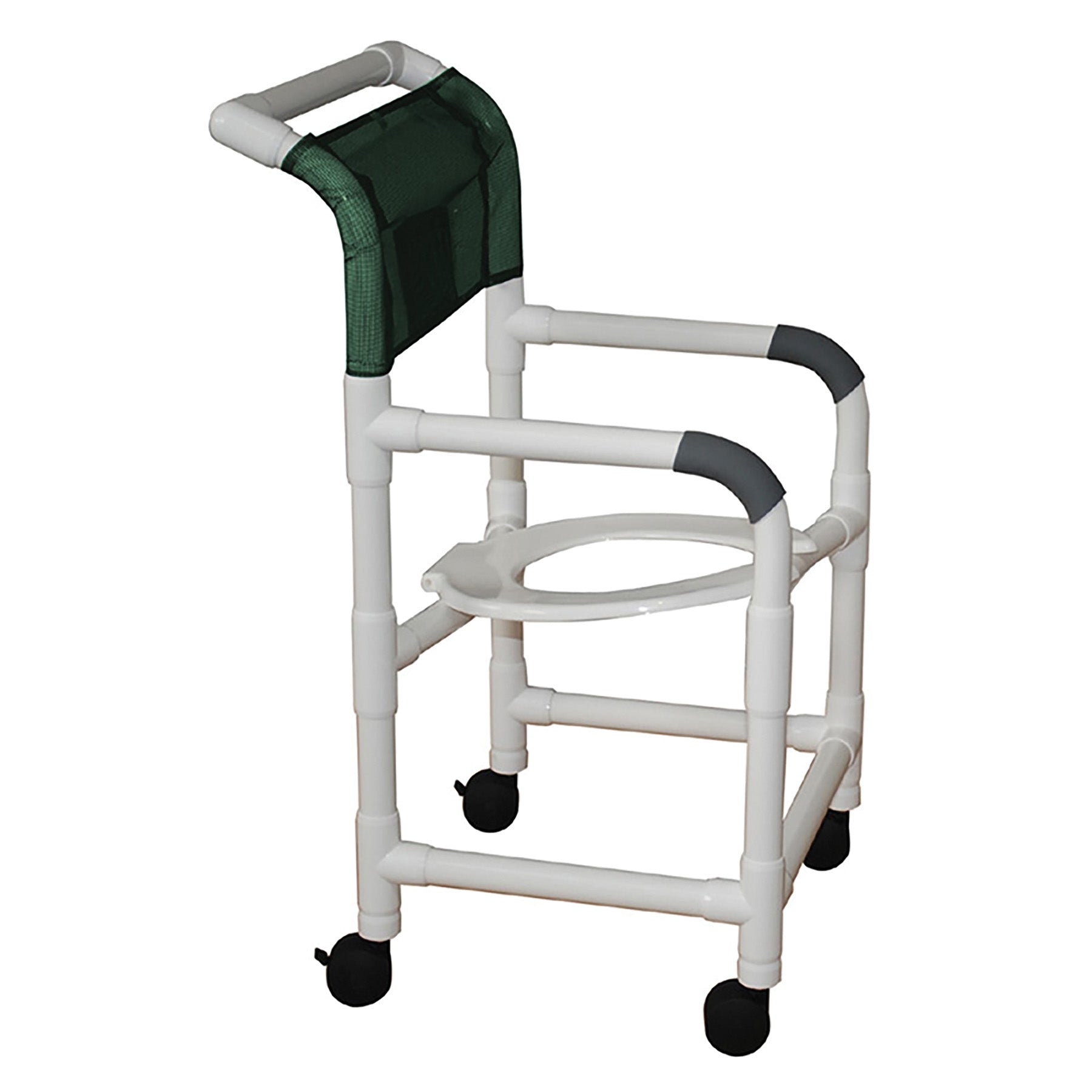 MJM International Shower chair 18" internal width,open front seat, 3" twin casters, tilted 2" lower in back,  300 lbs wt cap