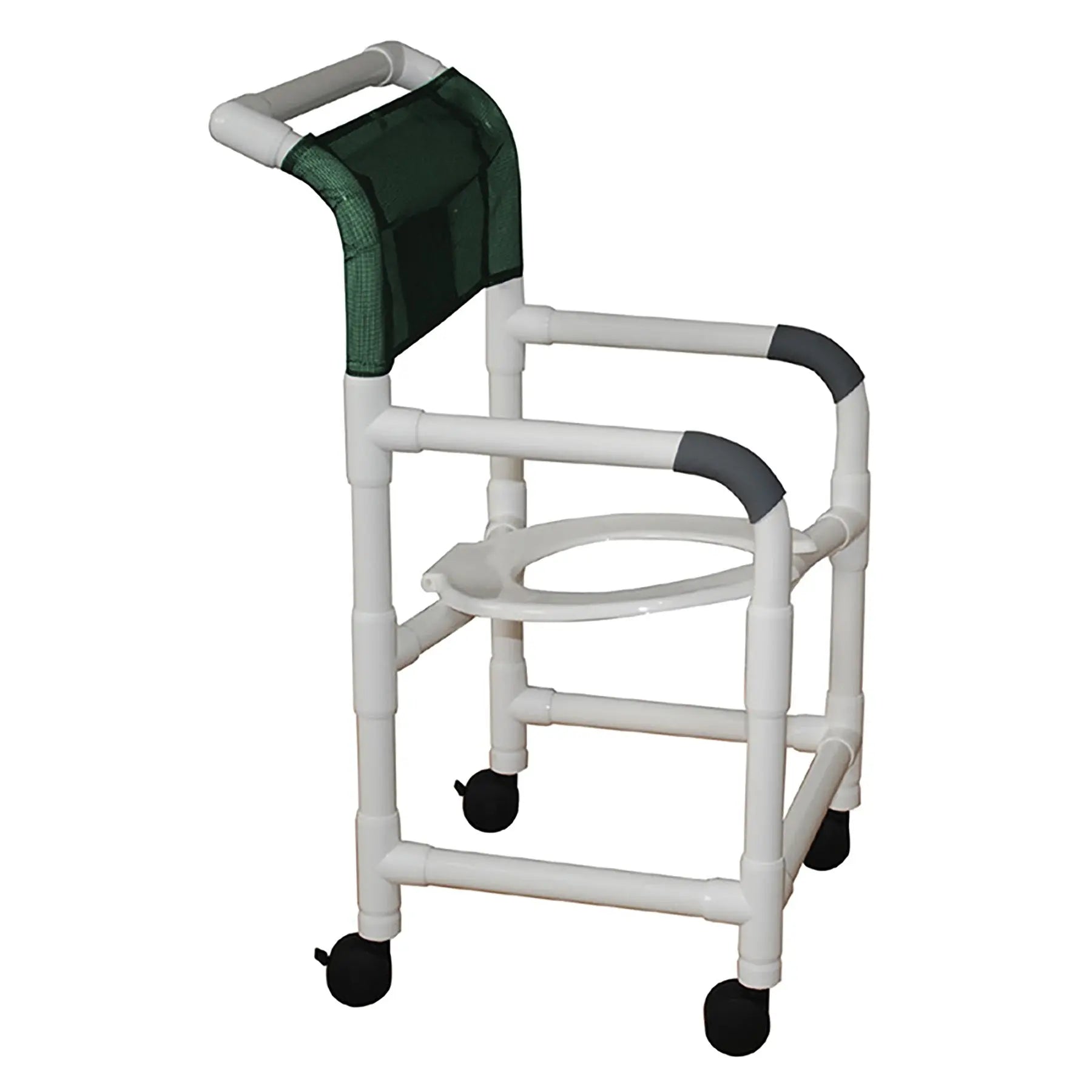 MJM International Shower chair 18" internal width,open front seat, 3" twin casters, tilted 2" lower in back,  300 lbs wt cap 