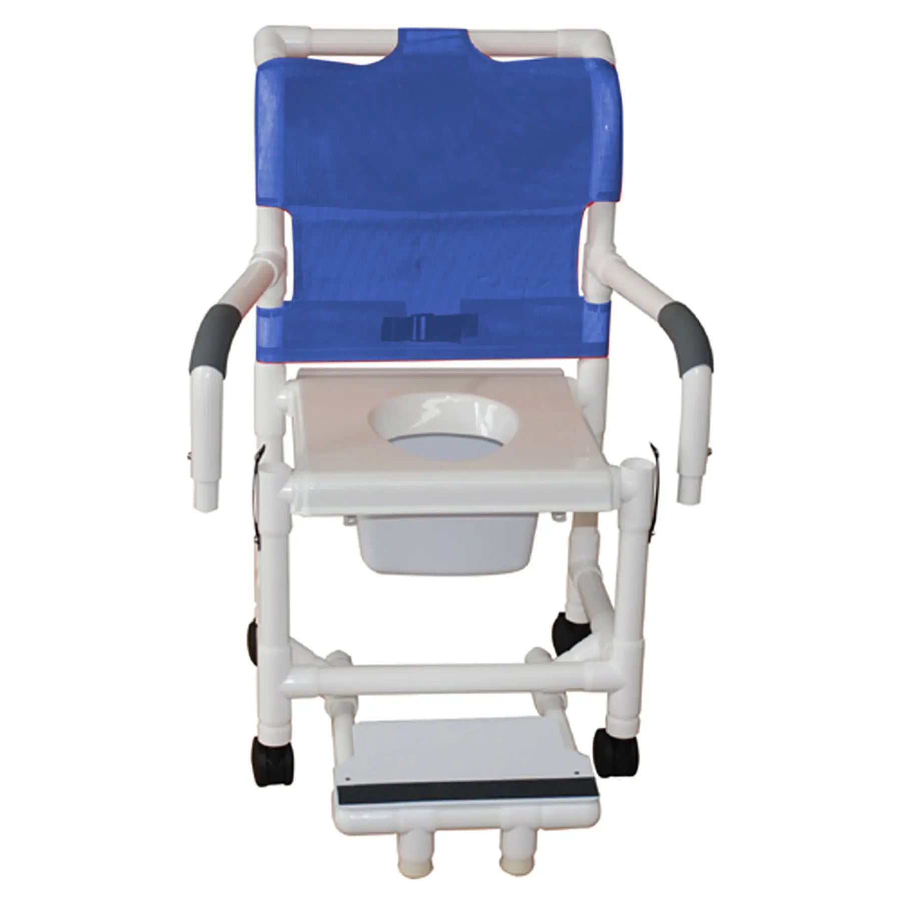 MJM International Shower chair 18" internal width, 3" twin casters w/ full support snap on seat, sliding footrest w/ front supports, double drop arm, 10 qt commde  pail, 300 lbs wt cap 