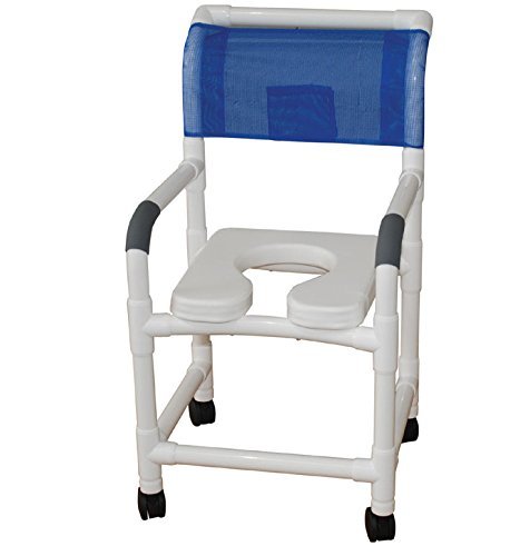 MJM International Shower chair 18" internal width,open front seat, 5" x 1 1/4" heavy duty casters with folding footrest and deluxe elongated open front soft seat, 300 lbs wt cap