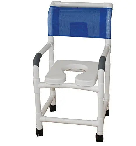 MJM International Shower chair 18" internal width,open front seat, 5" x 1 1/4" heavy duty casters with folding footrest and deluxe elongated open front soft seat, 300 lbs wt cap 