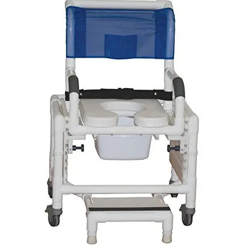 MJM International Shower chair 18" internal width, 5"TOTAL LOCK casters, slide out footrest with front supports, deluxe elongated open front soft seat and 10 qt slide out square commode pail, 300 lbs wt cap 