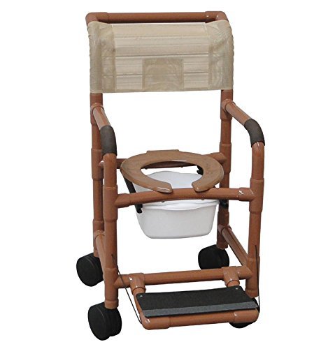 MJM International Shower chair 18" internal width, 5"TOTAL LOCK casters, deluxe elongated open front soft seat,10 qt slide out square commode pail and double drop arms, 300 lbs wt cap
