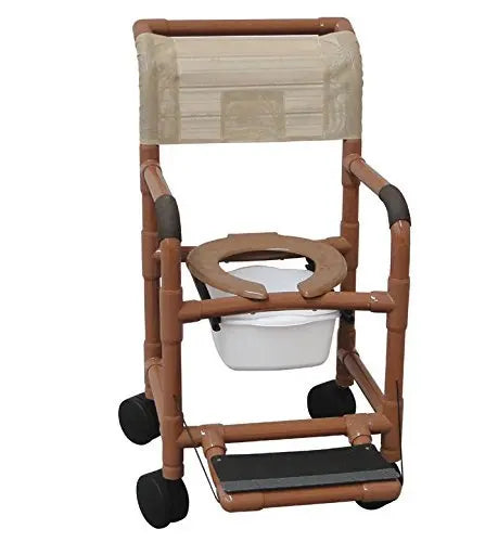 MJM International Shower chair 18" internal width, 5"TOTAL LOCK casters, deluxe elongated open front soft seat,10 qt slide out square commode pail and double drop arms, 300 lbs wt cap 