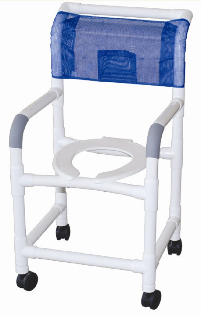MJM International Shower chair 18" internal width, open front seat, NO CASTERS, 10 quart commode pail, 300 lbs wt cap