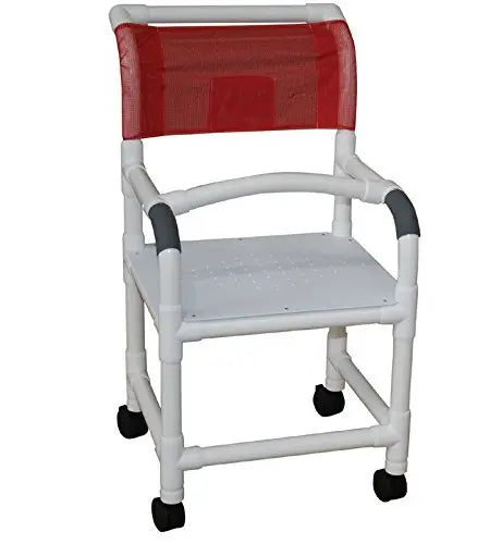 MJM International Shower chair 18" internal width, open front seat, NO CASTERS, flatstock seat with drain holes, 300 lbs wt cap 