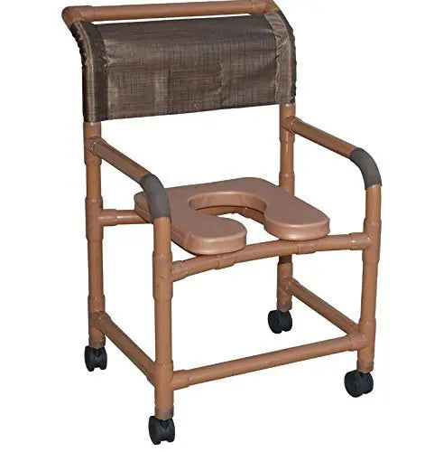 MJM International Wide shower chair 22" internal width, open front seat, 3" TOTAL LOCK casters, adjustable height, slide out footrest, double drop arms, deluxe elongated open front soft seat and 10 qt slide out square commode pail, 375 lbs wt cap 