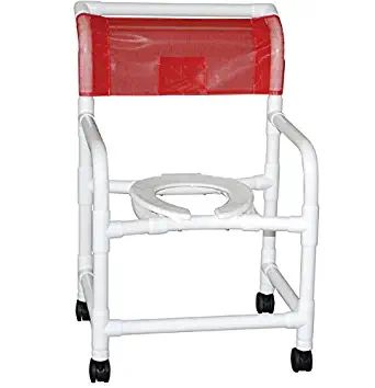 MJM International Adjustable height shower chair 22" internal width, open front seat, 3" twin caster with 10 qt slide out commode pail, 225 lbs wt cap