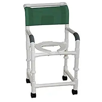 MJM International Adjustable height shower chair 22" internal width, open front seat, 3" twin casters, 225 lbs wt cap 