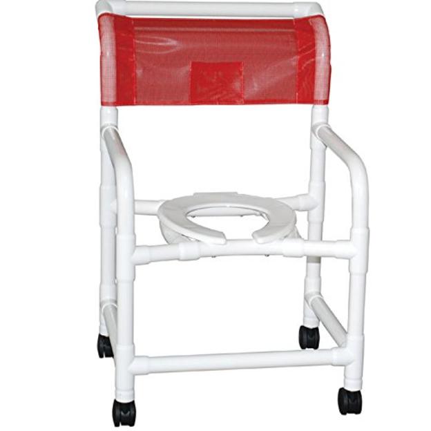 MJM International Wide shower chair 22" internal width, open front seat, 3" twin casters, full mesh back 375 lbs wt cap