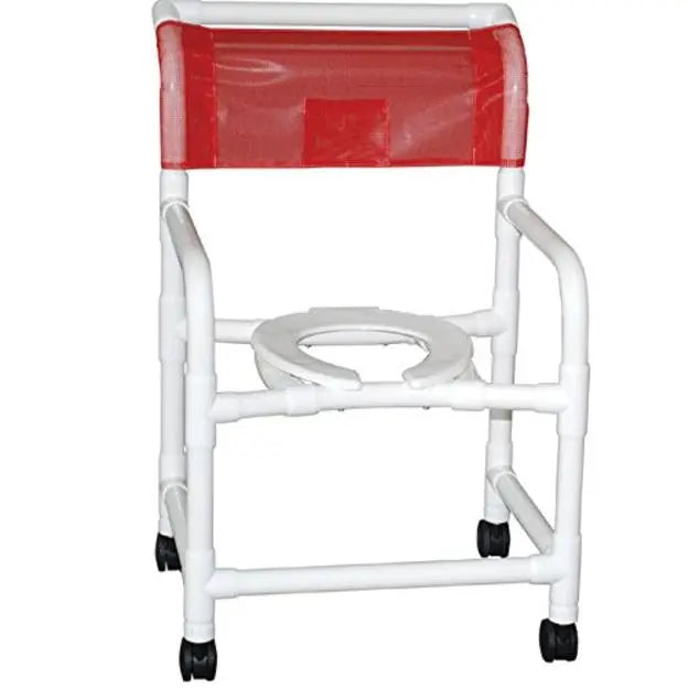MJM International Wide shower chair 22" internal width, open front seat, 3" twin casters, full mesh back 375 lbs wt cap 