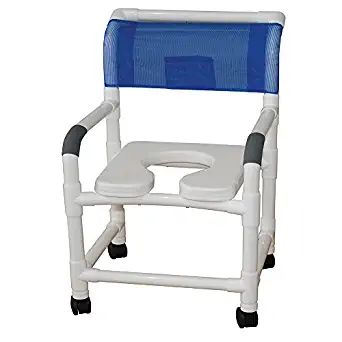 MJM International Wide shower chair 22" internal width, open front seat, 3" twin casters, sliding footrest, 10 qt slide out commode pail, 225 lbs wt cap