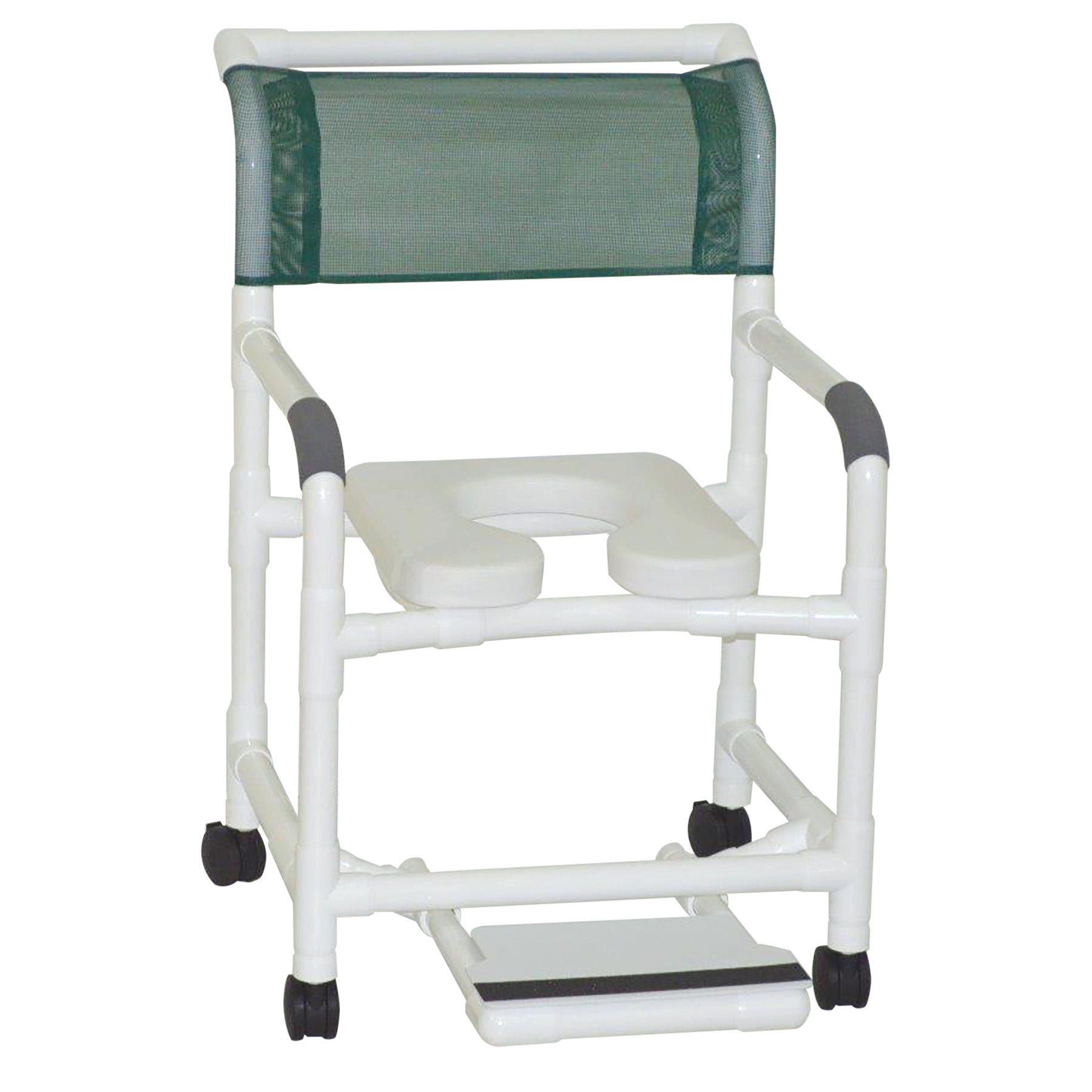 MJM International Wide Shower Chair 22" Internal Width, 3" Twin Casters, with Deluxe Elongated Open Front Soft Seat and Slide Out Footrest 375 Lbs Weight Capacity
