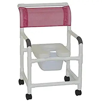 MJM International Wide shower chair 22" internal width, 3" twin casters, w/ deluxe elongated open front soft seat and 10 qt slide out square commode pail, 375 lbs wt cap 