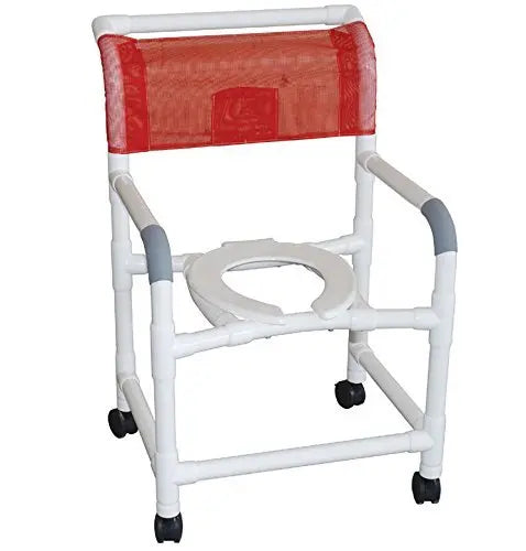 MJM International Wide shower chair 22" internal width,open front flip up seat, 10 qt slide out square commode pail and double drop arms, 5" x 1 1/4" heavy duty casters 375 lbs wt cap 