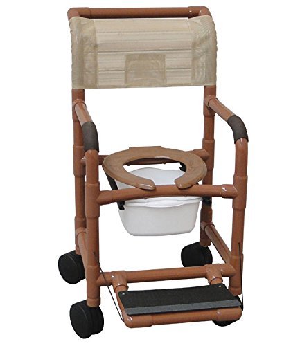 MJM International Wide shower chair 22" internal width,open seat, 10 qt slide out square commode pail and folding footrest, 5" x 1 1/4" heavy duty casters 375 lbs wt cap