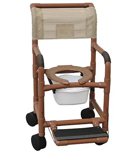 MJM International Wide shower chair 22" internal width,open seat, 10 qt slide out square commode pail and folding footrest, 5" x 1 1/4" heavy duty casters 375 lbs wt cap 