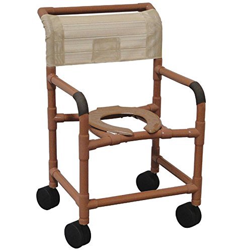 MJM International Shower chair 22" internal width, 5"TOTAL LOCK casters, slide out footrest with front supports, deluxe elongated open front soft seat, double drop arms and 10 qt slide out square commode pail, 300 lbs wt cap