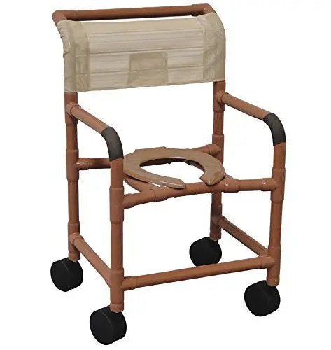 MJM International Shower chair 22" internal width, 5"TOTAL LOCK casters, slide out footrest with front supports, deluxe elongated open front soft seat, double drop arms and 10 qt slide out square commode pail, 300 lbs wt cap 