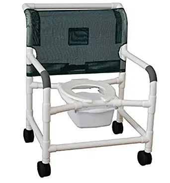 MJM International Extra-wide shower chair 26" internal width, open front seat, adjustable height, no casters, 10 qt. slide out commode pail, no bar in back, 425 lbs wt cap