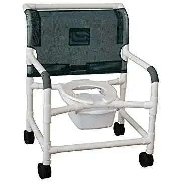 MJM International Extra-wide shower chair 26" internal width, open front seat, adjustable height, no casters, 10 qt. slide out commode pail, no bar in back, 425 lbs wt cap 